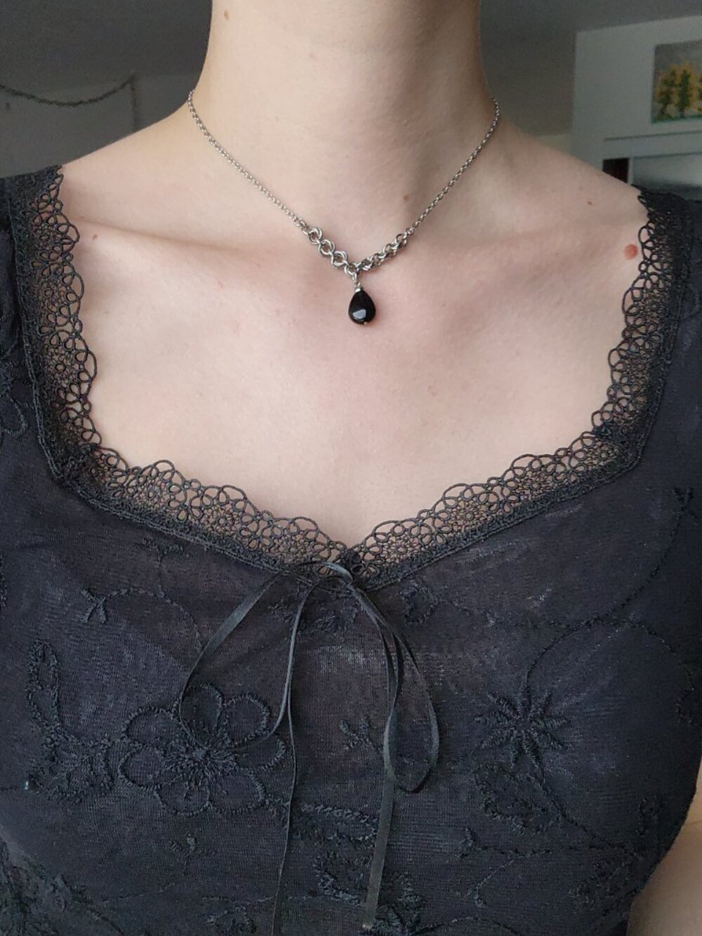 Gothic black onyx and silver necklace with a small silver chain - Picture 2 of 8